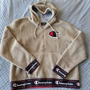 Champion Big C Khaki/Tan Sherpa Teddy 1/4 Zip Pullover Sz XL